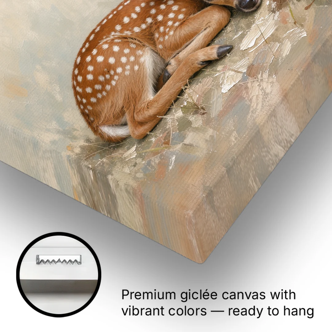 Sleeping Fawn by a Little Mushroom for the Nursery - Canvas Wall Art - Gallery Wrap Corner