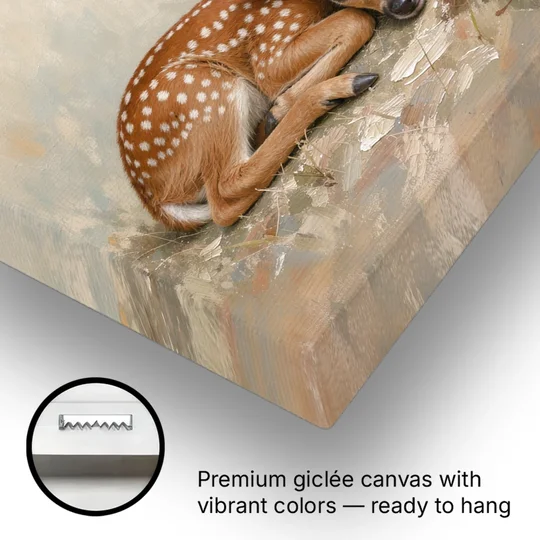 Sleeping Fawn by a Little Mushroom for the Nursery - Canvas Wall Art - Gallery Wrap Corner