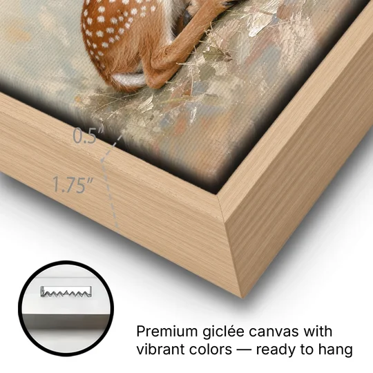 Sleeping Fawn by a Little Mushroom for the Nursery - Oak Framed Canvas Wall Art - Gallery Wrap Corner