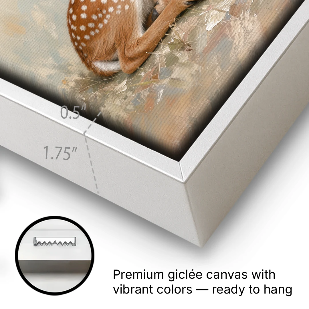 Sleeping Fawn by a Little Mushroom for the Nursery - White Framed Canvas Wall Art - Gallery Wrap Corner