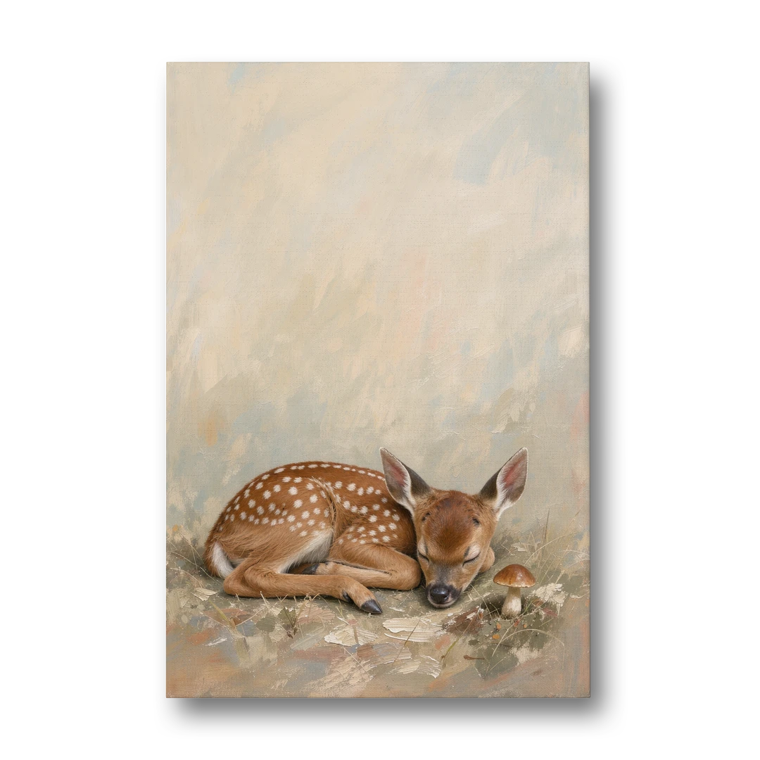 Sleeping Fawn by a Little Mushroom for the Nursery - Canvas Wall Art - Front