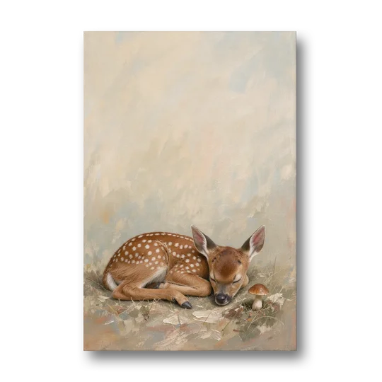 Sleeping Fawn by a Little Mushroom for the Nursery - Canvas Wall Art - Front
