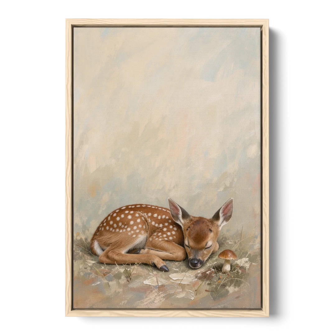 Sleeping Fawn by a Little Mushroom for the Nursery - Oak Framed Canvas Wall Art - Front