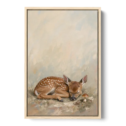 Sleeping Fawn by a Little Mushroom for the Nursery - Oak Framed Canvas Wall Art - Front