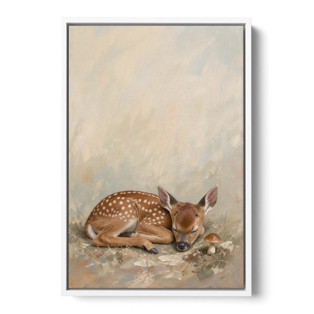 Sleeping Fawn by a Little Mushroom for the Nursery - White Framed Canvas Wall Art - Front