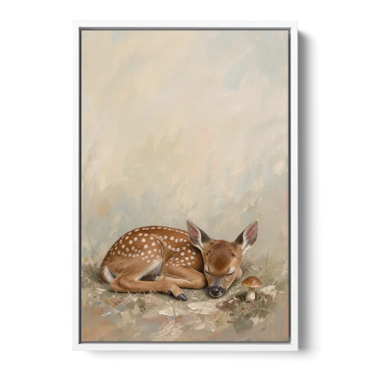 Sleeping Fawn by a Little Mushroom for the Nursery - White Framed Canvas Wall Art - Front