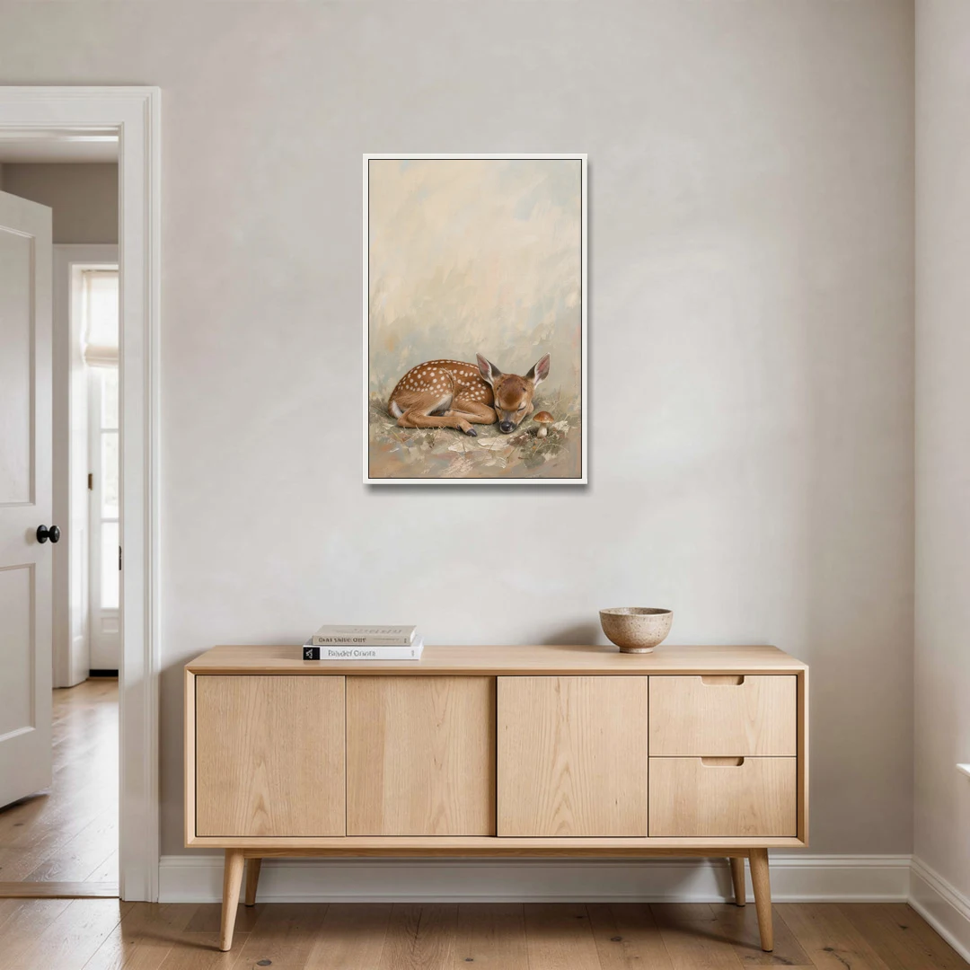 Sleeping Fawn by a Little Mushroom for the Nursery - White Framed Canvas Wall Art - Coffee Table - 24x36