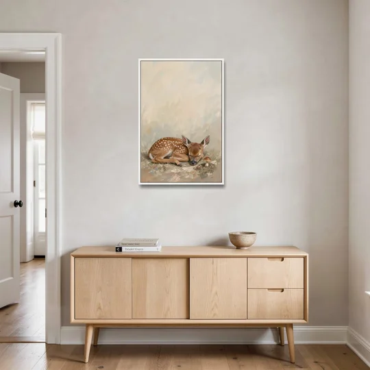 Sleeping Fawn by a Little Mushroom for the Nursery - White Framed Canvas Wall Art - Coffee Table - 24x36
