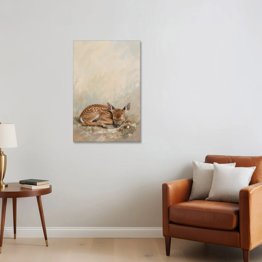 Sleeping Fawn by a Little Mushroom for the Nursery - Canvas Wall Art - Sofa - 24x36