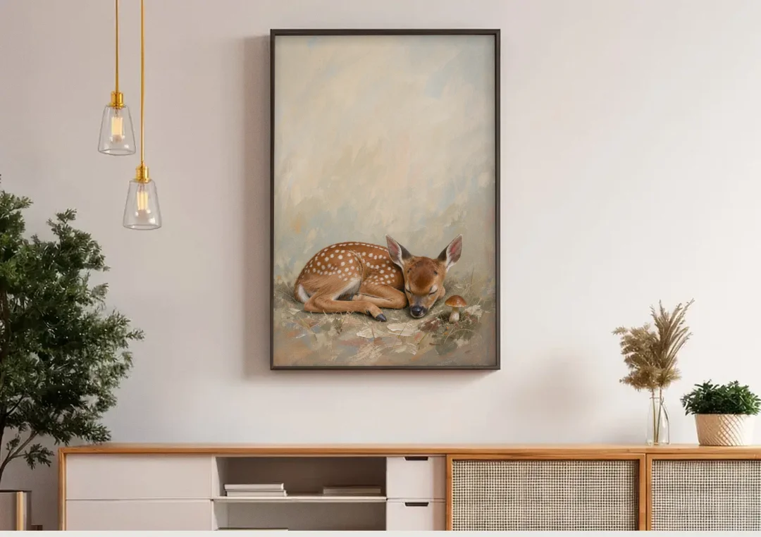 Sleeping Fawn by a Little Mushroom for the Nursery canvas wall art above a wooden sideboard under pendant lights