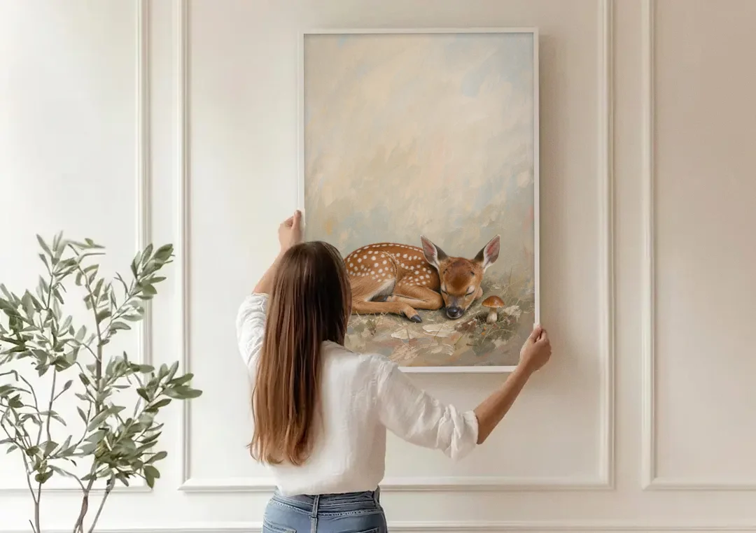 Sleeping Fawn by a Little Mushroom for the Nursery canvas wall art being hung on a paneled wall