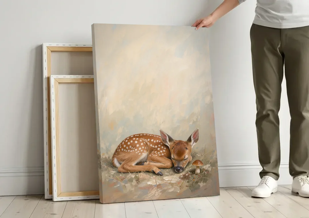 Sleeping Fawn by a Little Mushroom for the Nursery canvas wall art leaning against a wall next to blank canvases
