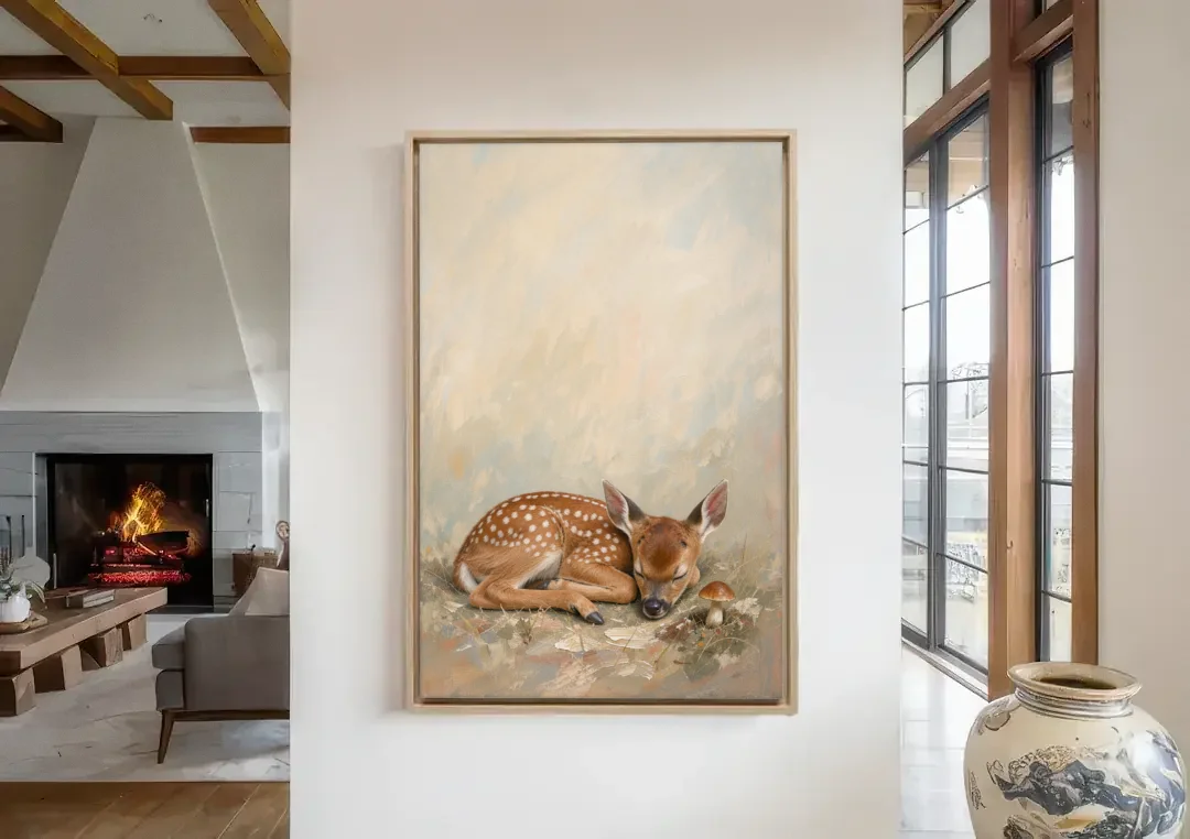 Sleeping Fawn by a Little Mushroom for the Nursery canvas wall art in a living room with a fireplace