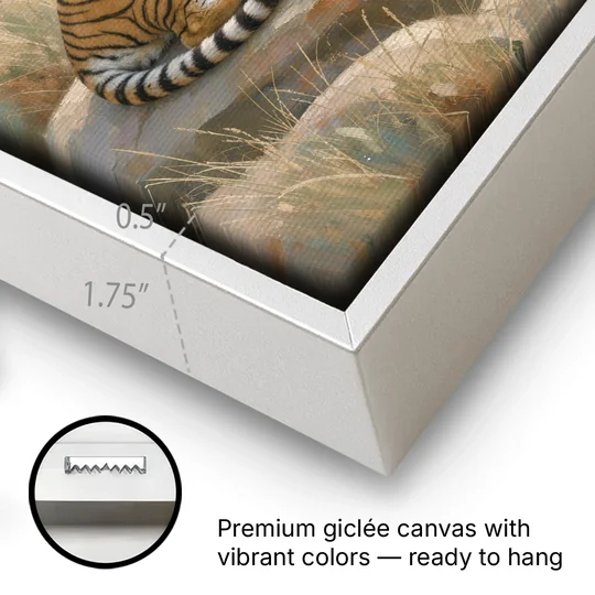Sleeping Tiger Painting in Morning Haze - White Framed Canvas Wall Art - Gallery Wrap Corner