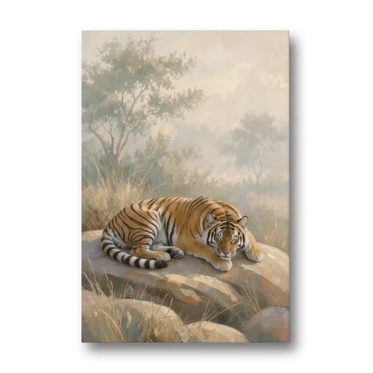 Sleeping Tiger Painting in Morning Haze - Canvas Wall Art - Front