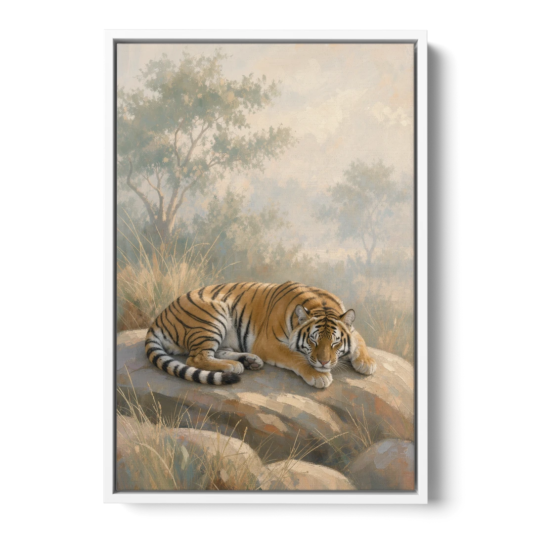 Sleeping Tiger Painting in Morning Haze - White Framed Canvas Wall Art - Front