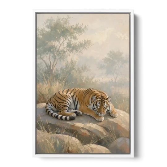 Sleeping Tiger Painting in Morning Haze - White Framed Canvas Wall Art - Front