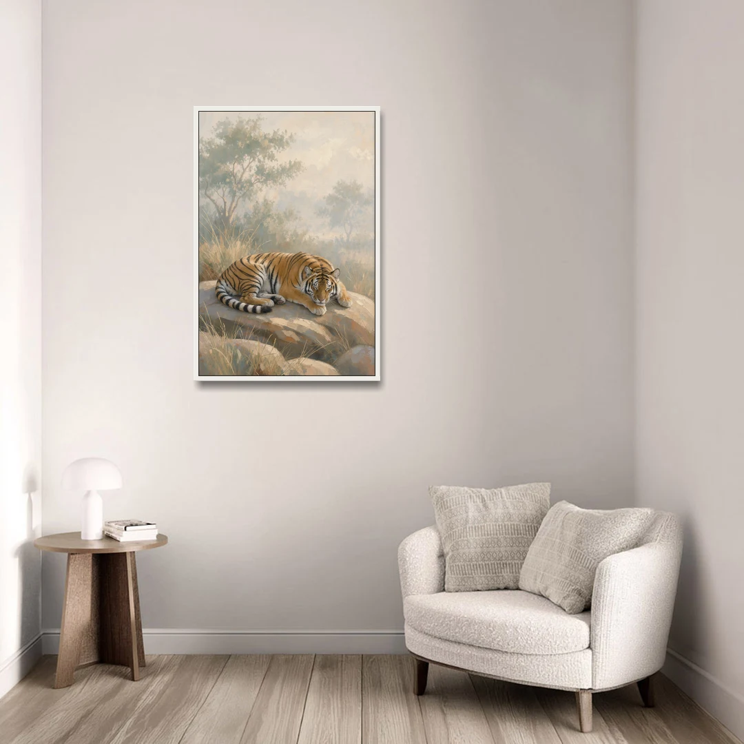 Sleeping Tiger Painting in Morning Haze - White Framed Canvas Wall Art - Sofa - 24x36