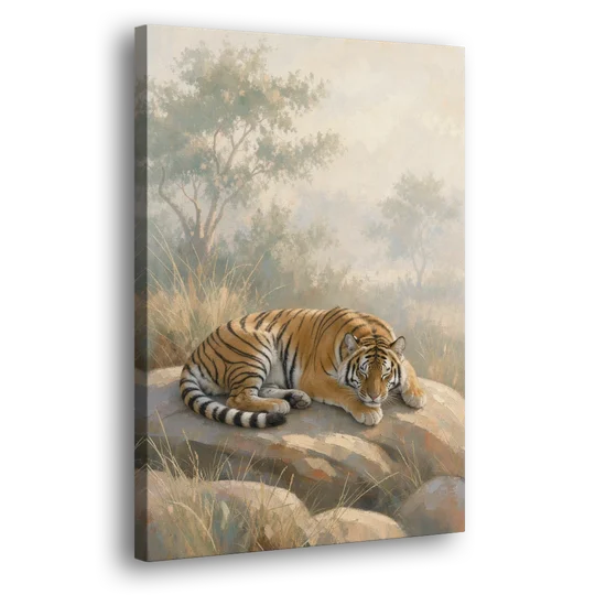 Sleeping Tiger Painting in Morning Haze - Canvas Wall Art - Side