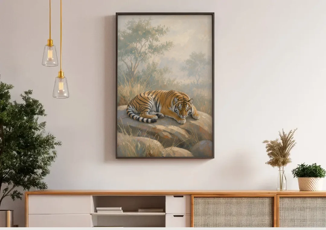 Sleeping Tiger Painting in Morning Haze canvas wall art above a wooden sideboard under pendant lights