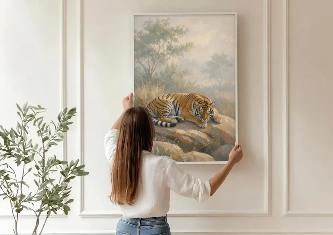 Sleeping Tiger Painting in Morning Haze canvas wall art being hung on a paneled wall
