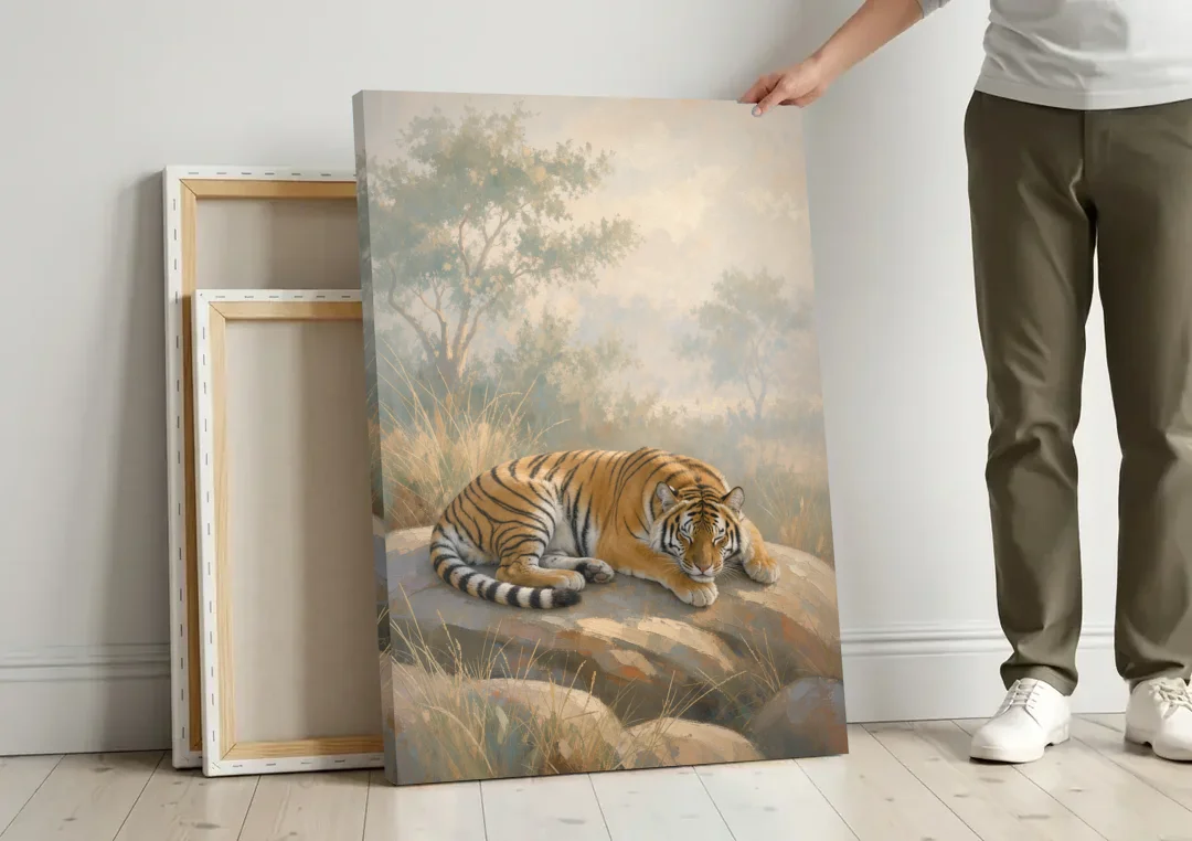 Sleeping Tiger Painting in Morning Haze canvas wall art leaning against a wall next to blank canvases