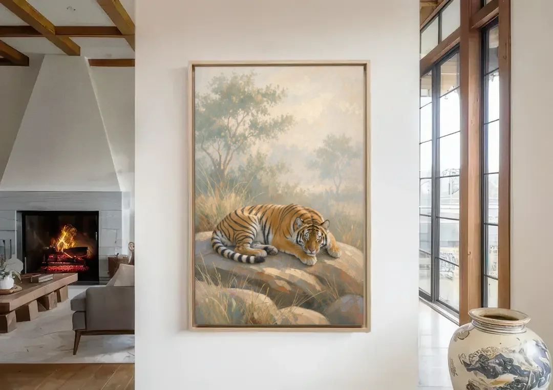 Sleeping Tiger Painting in Morning Haze canvas wall art in a living room with a fireplace