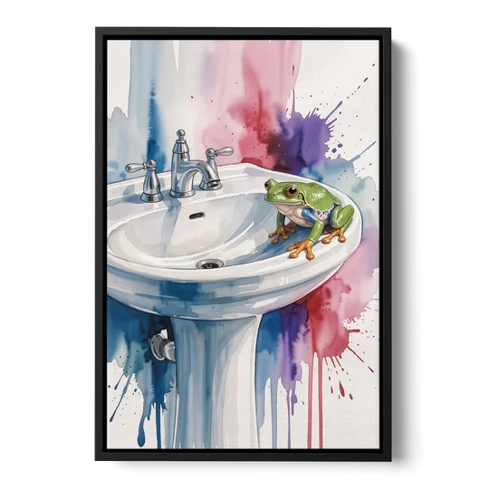 Small Bathroom Wall Art with a Tree Frog - Black Framed Canvas Wall Art - Front