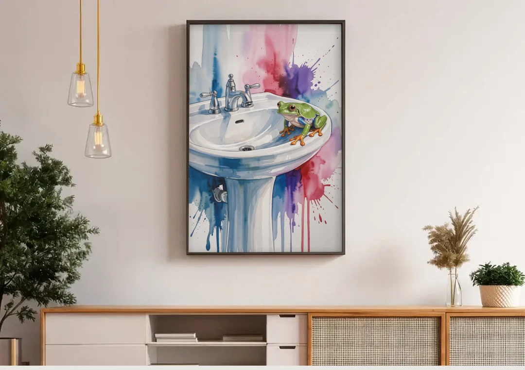 Small Bathroom Wall Art with a Tree Frog canvas wall art above a wooden sideboard under pendant lights