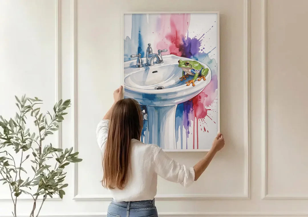 Small Bathroom Wall Art with a Tree Frog canvas wall art being hung on a paneled wall