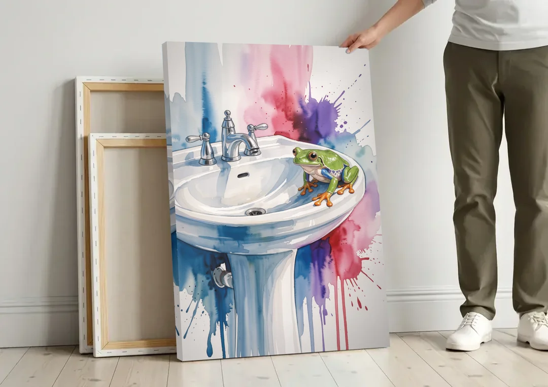Small Bathroom Wall Art with a Tree Frog canvas wall art leaning against a wall next to blank canvases
