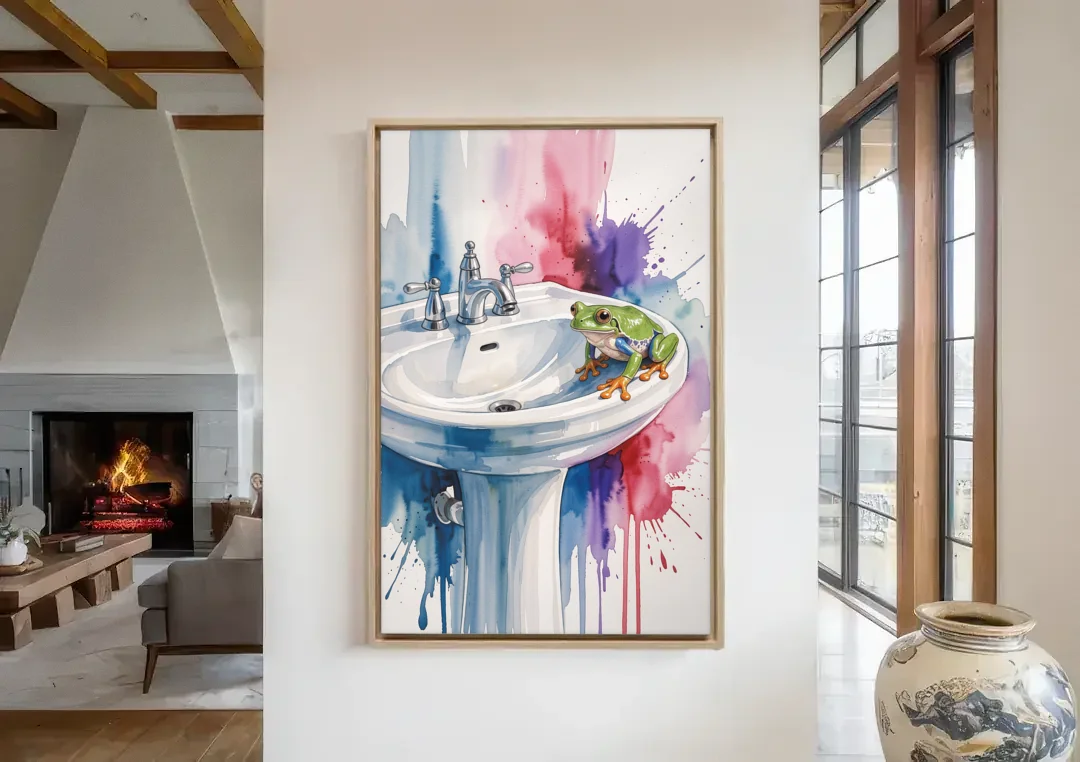 Small Bathroom Wall Art with a Tree Frog canvas wall art in a living room with a fireplace