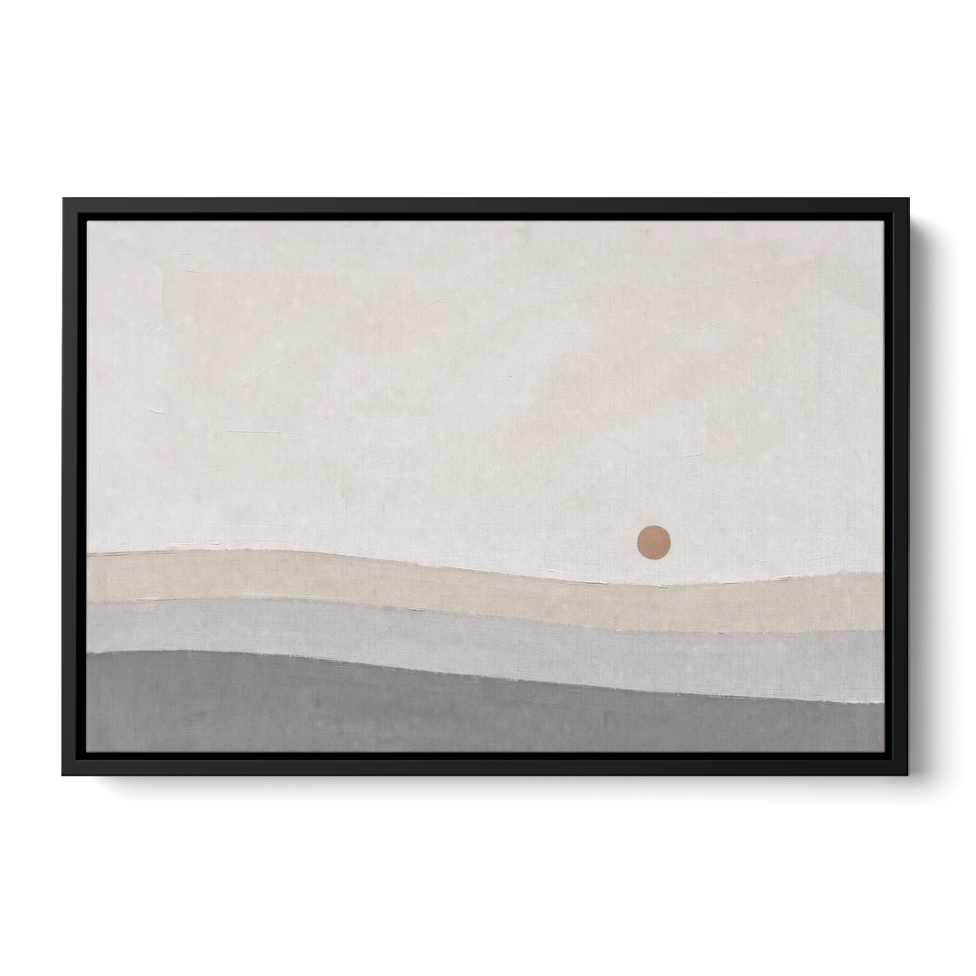 Small Sun Above Three Bands of Rolling Hills - Black Framed Canvas Wall Art - Front