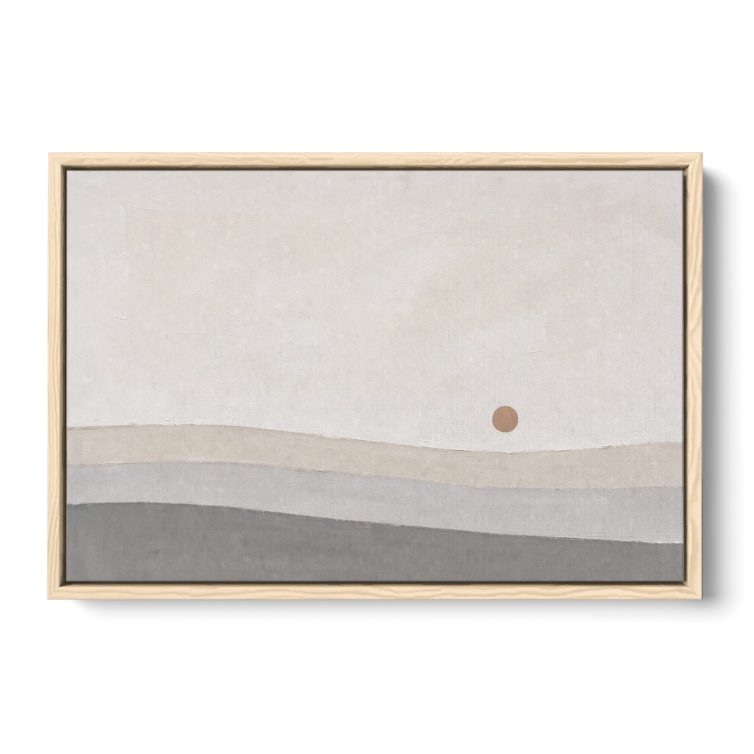 Small Sun Above Three Bands of Rolling Hills - Oak Framed Canvas Wall Art - Front