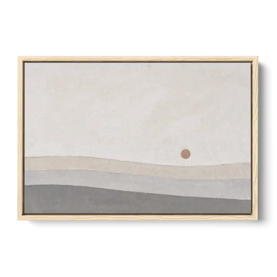 Small Sun Above Three Bands of Rolling Hills - Oak Framed Canvas Wall Art - Front