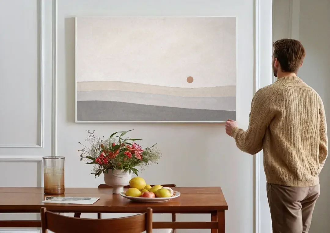Small Sun Above Three Bands of Rolling Hills canvas wall art above a dining table