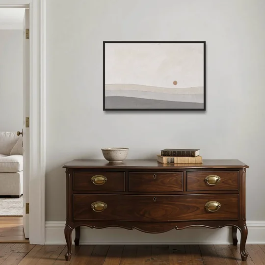 Small Sun Above Three Bands of Rolling Hills - Black Framed Canvas Wall Art - Coffee Table - 36x24