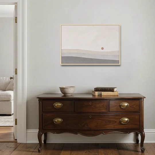 Small Sun Above Three Bands of Rolling Hills - Oak Framed Canvas Wall Art - Coffee Table - 36x24