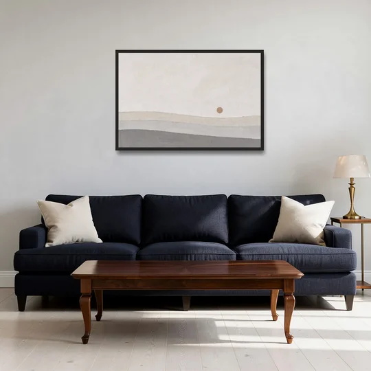 Small Sun Above Three Bands of Rolling Hills - Black Framed Canvas Wall Art - Sofa - 36x24