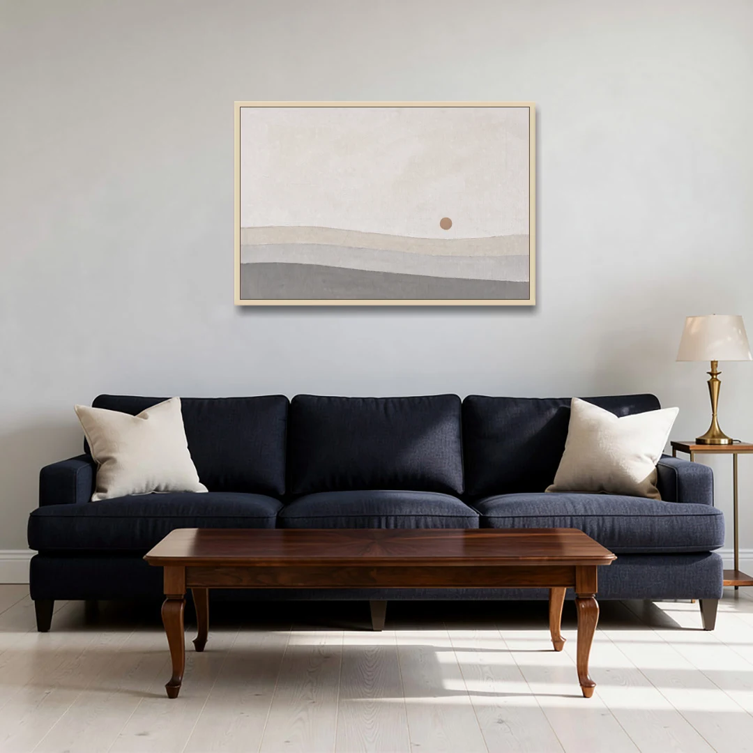 Small Sun Above Three Bands of Rolling Hills - Oak Framed Canvas Wall Art - Sofa - 36x24