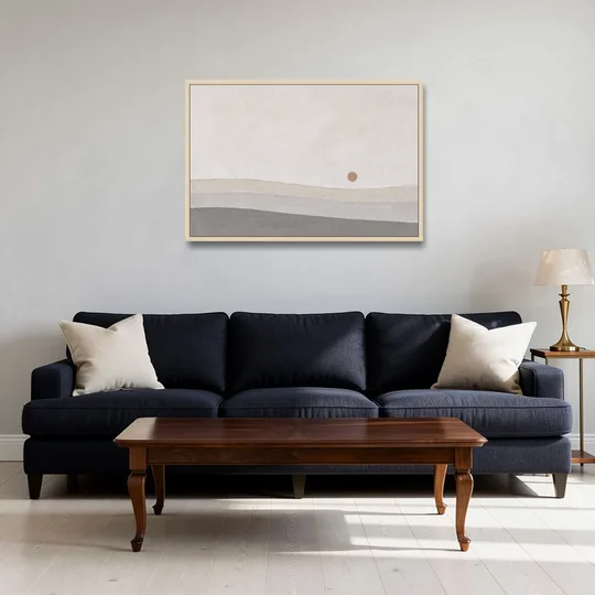 Small Sun Above Three Bands of Rolling Hills - Oak Framed Canvas Wall Art - Sofa - 36x24