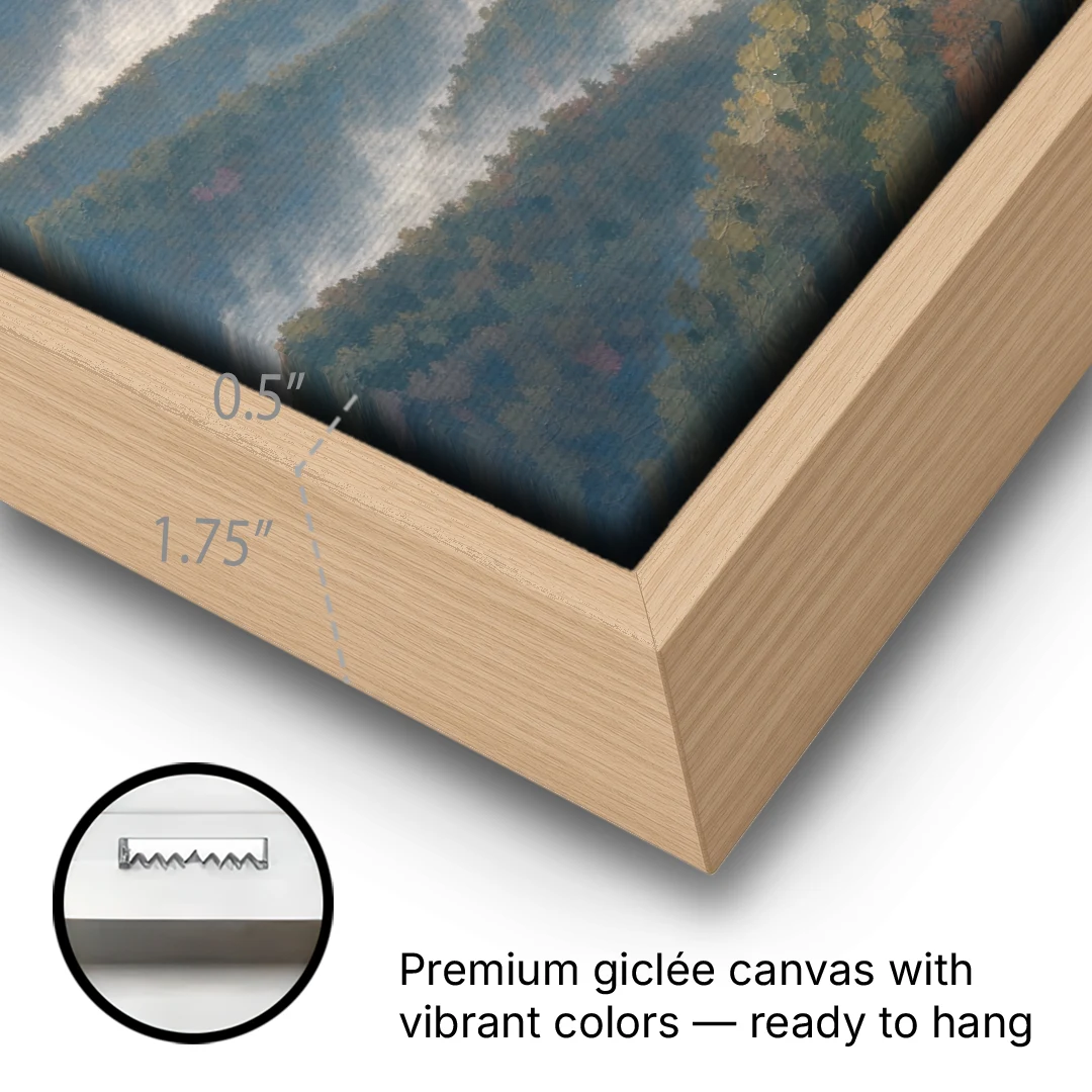 Smoky Mountains at Misty Dawn for the Living Room - Oak Framed Canvas Wall Art - Gallery Wrap Corner