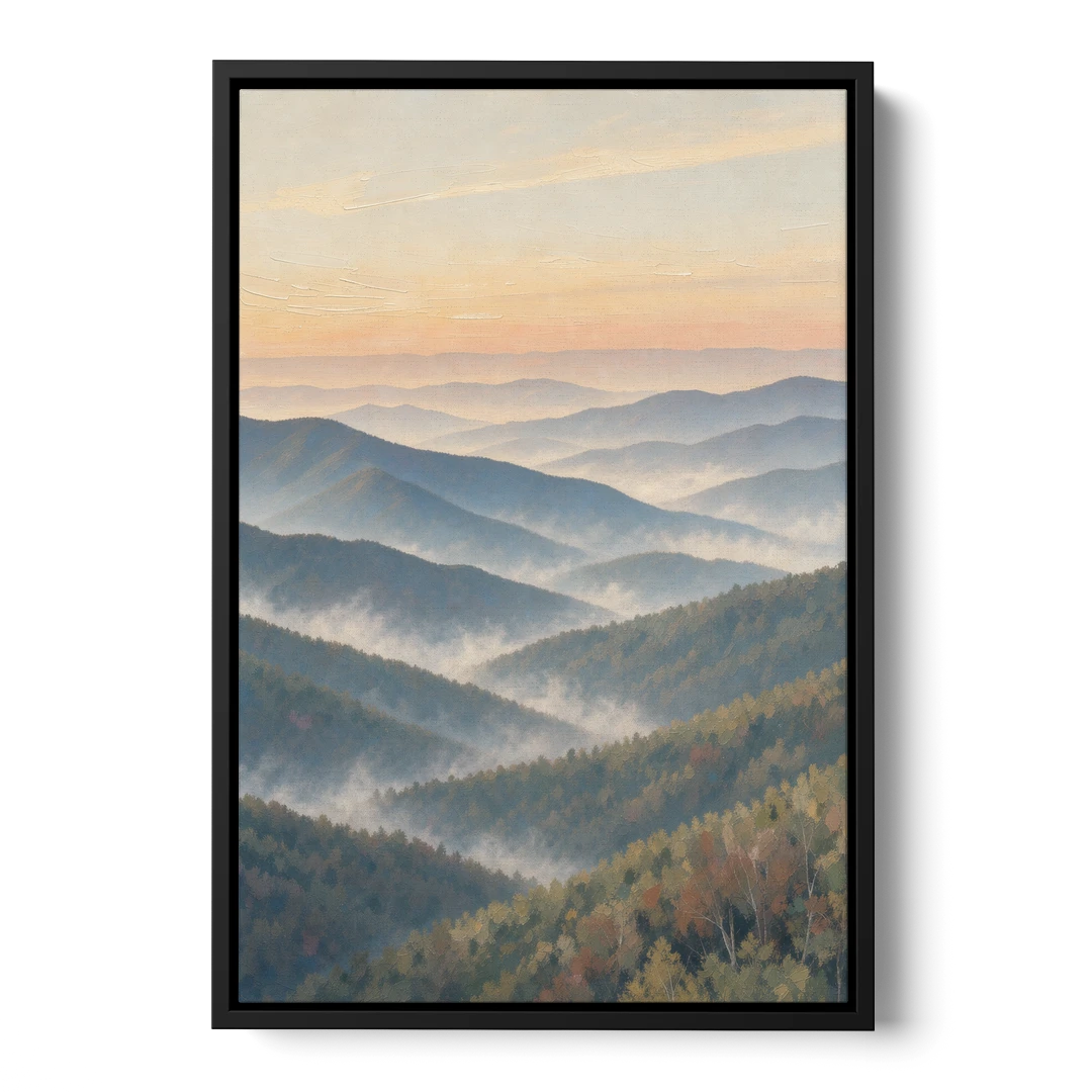 Smoky Mountains at Misty Dawn for the Living Room - Black Framed Canvas Wall Art - Front