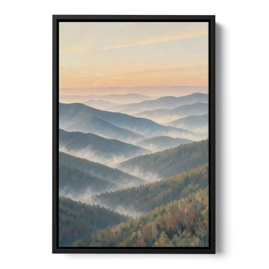 Smoky Mountains at Misty Dawn for the Living Room - Black Framed Canvas Wall Art - Front