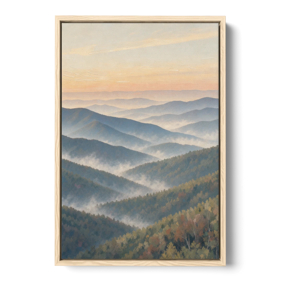 Smoky Mountains at Misty Dawn for the Living Room - Oak Framed Canvas Wall Art - Front