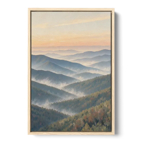 Smoky Mountains at Misty Dawn for the Living Room - Oak Framed Canvas Wall Art - Front