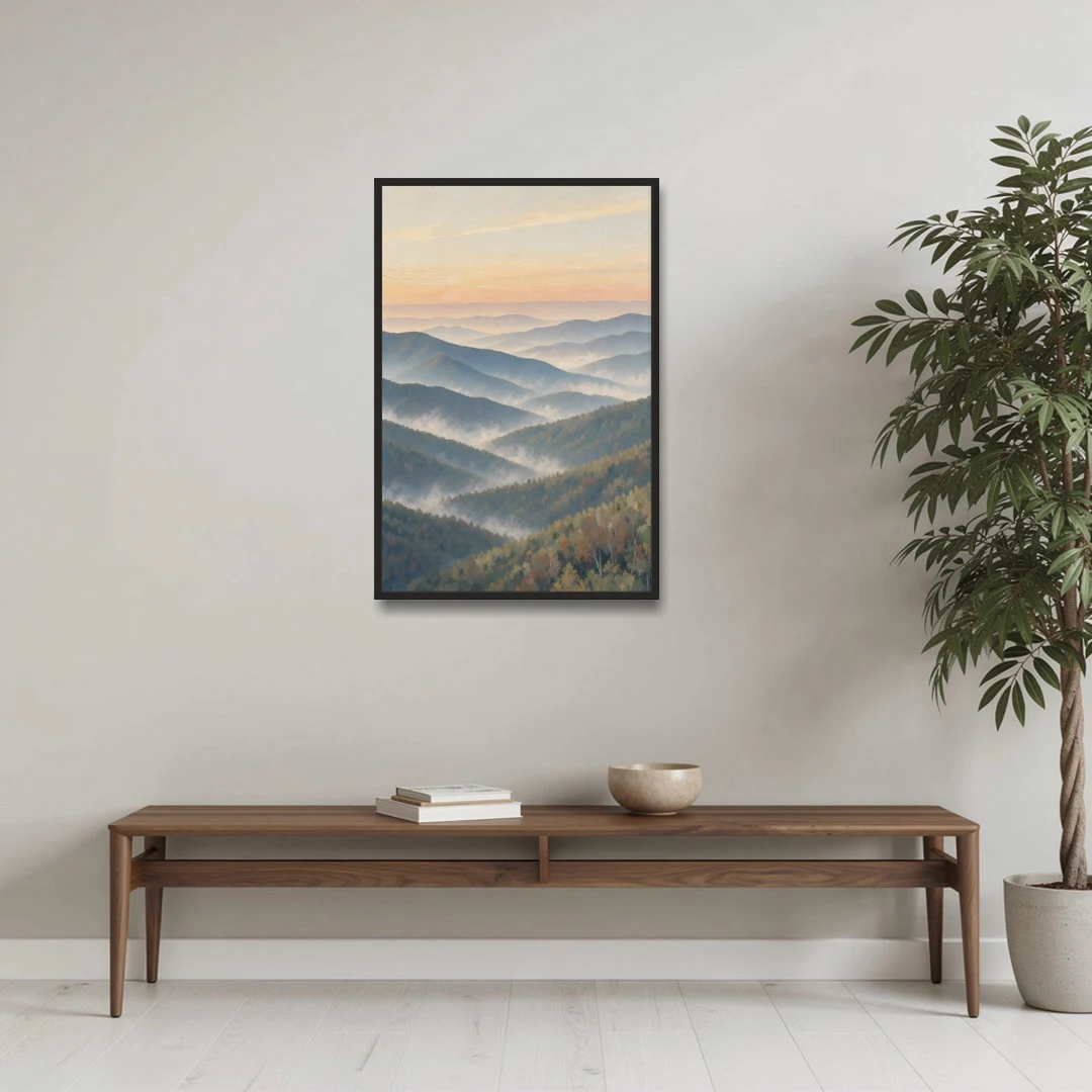 Smoky Mountains at Misty Dawn for the Living Room - Black Framed Canvas Wall Art - Coffee Table - 24x36