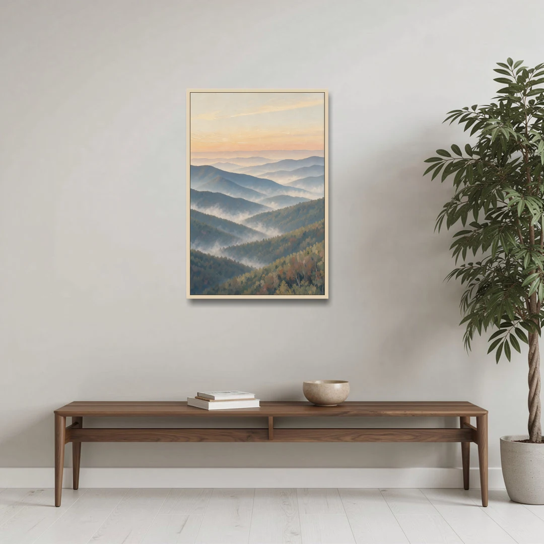 Smoky Mountains at Misty Dawn for the Living Room - Oak Framed Canvas Wall Art - Coffee Table - 24x36