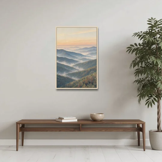 Smoky Mountains at Misty Dawn for the Living Room - Oak Framed Canvas Wall Art - Coffee Table - 24x36