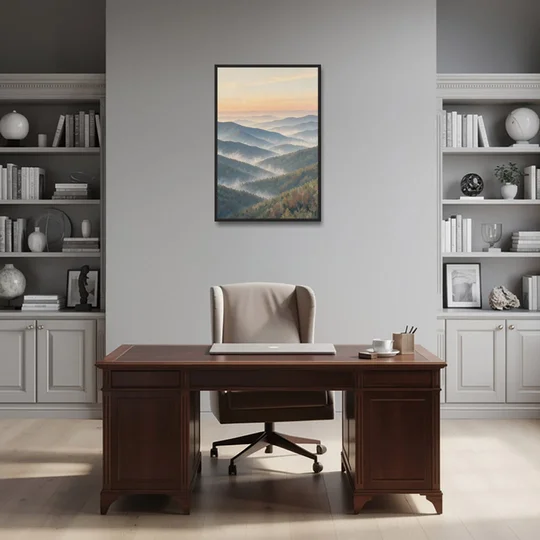 Smoky Mountains at Misty Dawn for the Living Room - Black Framed Canvas Wall Art - Office - 24x36